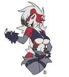  anthro belt breasts canid canine clothed clothing female fur generation_7_pokemon gloves handwear hi_res leaniv lycanroc mammal midnight_lycanroc navel nintendo open_mouth pokemon pokemon_(species) red_eyes simple_background solo under_boob video_games white_background 