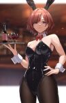  1girl alcohol animal_ears bangs bar_(place) bare_shoulders black_leotard black_pantyhose blurry blurry_background blush bottle bow bowtie breasts brown_hair cleavage closed_mouth cowboy_shot cup depth_of_field detached_collar drinking_glass fake_animal_ears hair_ornament hairclip hairpin hand_on_hip highres higuchi_madoka holding holding_tray idolmaster idolmaster_shiny_colors indoors latex latex_leotard leotard looking_at_viewer medium_breasts mole mole_under_eye pantyhose playboy_bunny purple_eyes rabbit_ears red_background red_bow red_bowtie red_eyes red_wine short_hair solo strapless strapless_leotard tray wine wine_bottle wine_glass wrist_cuffs yoshimoto_(carpsukidayo) 