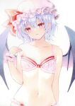  1girl bat_wings black_wings blush bra breasts fang hat highres light_smile looking_at_viewer mob_cap navel open_mouth panties remilia_scarlet ribbon simple_background skin_fang small_breasts solo touhou underwear white_background wings wrist_cuffs y_na1211 