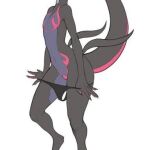  1:1 anthro black_body butt clothing female generation_7_pokemon genitals low_res nintendo nude pokemon pokemon_(species) pussy reptile salazzle scalie simple_background solo undressing unknown_artist video_games 