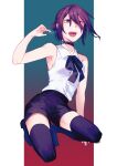  1girl bangs black_thighhighs bow bowtie chainsaw_man eyebrows_hidden_by_hair green_eyes hair_between_eyes hair_bun highres holding holding_jewelry holding_ring jewelry kneeling looking_at_viewer moegi0926 open_mouth purple_eyes purple_hair reze_(chainsaw_man) ring shirt short_hair shorts sleeveless sleeveless_shirt smile solo thighhighs white_shirt 
