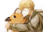  1boy 404itoq blonde_hair chainsaw chainsaw_man denji_(chainsaw_man) eyepatch green_jacket highres hood hug jacket looking_at_another pochita_(chainsaw_man) short_hair simple_background smile white_background yellow_eyes 