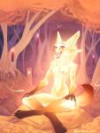  2022 4_ears anthro biped black_body black_fur blue_eyes breasts candle canid canine claws crossed_legs detailed_background digital_media_(artwork) digitigrade discreet_user eyebrow_piercing facial_piercing female floating_candle forest forest_background fox fur gloves_(marking) glowing glowing_body glowing_fur hi_res mammal markings multi_ear mylar_(discreet_user) nature nature_background neck_tuft nipples nude open_mouth paws piercing plant sitting slim solo toe_claws tree tuft yellow_body yellow_fur 