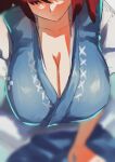  1girl blurry blurry_background blush breast_focus breasts from_above head_out_of_frame highres huge_breasts large_breasts onozuka_komachi red_hair solo teruteru12 touhou 