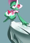  &lt;3 3_fingers big_breasts black_pupils breasts cheek_tuft chest_spike cleavage closed_smile clothed clothing collarbone dress facial_tuft female fingers flower_in_hat gardevoir generation_3_pokemon glistening glistening_breasts glistening_eyes glistening_hair green_body green_hair green_skin grey_background hair hat headgear headwear hi_res humanoid ika_daishougun mouth_closed multicolored_body multicolored_skin nintendo nipple_outline noseless pink_clothing pink_headwear pokemon pokemon_(species) pseudo_clothing pupils red_eyes red_spikes short_hair simple_background small_waist smile solo spikes spikes_(anatomy) standing tuft two_tone_body two_tone_skin video_games white_body white_clothing white_dress white_skin 