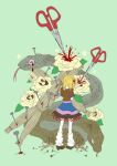  1girl black_footwear black_skirt blonde_hair blood brown_shirt commentary_request flower full_body green_background junadoll mizuhashi_parsee nail pointy_ears scissors shirt short_hair short_sleeves skirt snake socks solo standing star_(symbol) touhou waraningyou yellow_flower 