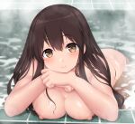  1girl akagi_(kancolle) blush breasts brown_eyes brown_hair closed_mouth completely_nude dd_(ijigendd) hair_between_eyes highres kantai_collection large_breasts long_hair looking_at_viewer nipples nude partially_submerged smile solo water 