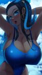  1girl armpits arms_behind_head black_hair blue_eyes blue_one-piece_swimsuit breasts cleavage cloud collarbone competition_swimsuit dark-skinned_female dark_skin large_breasts long_hair multicolored_hair nessa_(pokemon) one-piece_swimsuit pokemon solo streaked_hair sumisumii swimsuit tongue tongue_out 