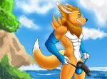  adognamedkayne anthro bandai_namco bikini_thong clothing countershading digimon digimon_(species) exhibitionism grinning_at_viewer hi_res knot male outside renamon sea smile smiling_at_viewer solo swimwear water 