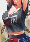  1girl armpit_peek blurry blurry_background blush breast_focus breasts head_out_of_frame hecatia_lapislazuli highres huge_breasts large_breasts loose_clothes loose_shirt red_hair shirt solo teruteru12 touhou 