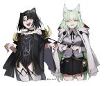  2girls :d animal_ear_fluff animal_ears arknights bare_shoulders black_dress black_hair black_ribbon black_skirt breasts cape cat_ears cat_girl character_doll charm_(object) collared_shirt cowboy_shot cropped_legs dress grey_vest hands_up harmonie_(arknights) hood hood_down hooded_cape inu_to_milk looking_at_viewer mandragora_(arknights) medium_hair multiple_girls neck_ribbon open_mouth parted_lips pleated_skirt reed_(arknights) ribbon shirt short_hair simple_background skirt small_breasts smile strapless strapless_dress teeth upper_teeth vest white_background white_cape white_shirt yellow_eyes 