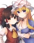  2girls ascot bare_shoulders blonde_hair bow brown_eyes brown_hair choker collared_vest commentary_request detached_sleeves dress elbow_gloves frilled_bow frilled_dress frilled_hair_tubes frills gloves hair_bow hair_tubes hakurei_reimu hat hat_ribbon long_hair long_sleeves mob_cap multiple_girls nontraditional_miko purple_dress purple_eyes red_bow red_ribbon red_vest ribbon ribbon_choker sen1986 short_sleeves sidelocks touhou vest white_gloves white_headwear white_sleeves wide_sleeves yakumo_yukari yellow_ascot 