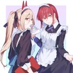  2girls alternate_costume apron bangs black_dress blonde_hair blush braid braided_ponytail brown_hair chainsaw_man clothes_lift crosshair_pupils demon_girl demon_horns dress dress_lift food food_in_mouth hair_ribbon highres holding holding_clothes holding_plate holding_skirt horns light_smile long_hair long_sleeves looking_at_viewer maid maid_apron maid_headdress makima_(chainsaw_man) moegi0926 mouth_hold multiple_girls plate power_(chainsaw_man) red_horns ribbon ringed_eyes skirt smile sweat teapot very_long_hair yellow_eyes 