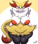  absurd_res anthro areola big_breasts blush braixen breasts dipstick_tail featureless_crotch female generation_6_pokemon hi_res huge_breasts inner_ear_fluff looking_at_viewer markings multicolored_body navel neck_tuft nintendo nipples nude orange_areola orange_nipples pokemon pokemon_(species) red_eyes smile solo superix tail_markings thick_thighs tuft video_games wide_hips 