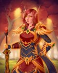  1girl armor blood_elf_(warcraft) breastplate elf forest glowing glowing_eyes holding long_hair long_pointy_ears nature paladin_(warcraft) pointy_ears red_armor red_hair shoulder_armor sienna_artwork tree warcraft weapon world_of_warcraft yellow_eyes 