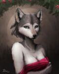  4:5 absurd_res anthro breasts canid canine canis clothing collarbone covering covering_breasts daniel_tibana female flower fur green_eyes grey_body grey_fur hi_res looking_at_viewer mammal plant rose_(flower) simple_background solo standing tree white_body white_fur wolf 