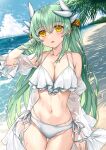  1girl bangs bare_shoulders bikini blush breasts cleavage collarbone dragon_girl dragon_horns fate/grand_order fate_(series) green_hair hand_in_own_hair highres horns kiyohime_(fate) large_breasts long_hair long_sleeves looking_at_viewer morizono_shiki navel off_shoulder outdoors parted_lips smile solo swimsuit water white_bikini yellow_eyes 