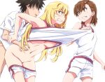  1boy 2girls angry black_hair blonde_hair blush bottomless breasts brown_eyes brown_hair buttons chinnen clenched_teeth clothes_pull collar commentary_request gym_uniform hetero holding_another&#039;s_arm implied_sex jealous kamijou_touma large_breasts long_hair love_handles misaka_mikoto multiple_girls navel open_mouth pulling school_uniform shirt shirt_pull shokuhou_misaki short_sleeves shorts spiked_hair sportswear star-shaped_pupils star_(symbol) sweatdrop symbol-shaped_pupils tank_top teeth thighs toaru_kagaku_no_railgun toaru_majutsu_no_index underboob undershirt white_collar white_shirt 