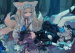  2girls animal_ears arknights bare_legs black_bow black_dress black_footwear black_headwear blonde_hair blue_butterfly blue_hairband blue_skirt bow bug butterfly cardigan dress flower forest fox_ears fox_girl fox_tail frilled_hairband frills hair_bow hair_down hair_ornament hairband hat kitsune lap_pillow long_hair long_sleeves looking_at_viewer mini_hat morte_(arknights) multiple_girls multiple_tails nature neck_ribbon night official_alternate_costume open_cardigan open_clothes pink_eyes pink_hair red_(girllove) red_ribbon ribbon shamare_(arknights) shamare_(echo_of_the_horrorlair)_(arknights) shirt shoes short_sleeves skirt skull_hair_ornament straight_hair stuffed_toy suzuran_(arknights) suzuran_(spring_praise)_(arknights) sweater tail twintails twitter_username white_flower white_shirt white_sweater 