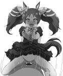  1boy 1girl animal_ears blush breasts breath cow_girl dress echi_no_tami highres horse_ears horse_girl large_breasts marvelous_sunday_(umamusume) monochrome non-web_source sex simple_background sketch sweat tail twintails umamusume 