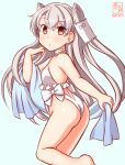  1girl amatsukaze_(kancolle) artist_logo ass blue_background brown_eyes casual_one-piece_swimsuit choker cosplay cowboy_shot dated frilled_swimsuit frills hair_tubes highleg highleg_swimsuit kanon_(kurogane_knights) kantai_collection long_hair looking_at_viewer one-hour_drawing_challenge one-piece_swimsuit sagiri_(kancolle) sagiri_(kancolle)_(cosplay) shawl simple_background solo swimsuit two_side_up white_background white_choker white_hair white_one-piece_swimsuit 