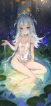  1girl absurdres akizero1510 anklet armlet bangs bare_legs barefoot blue_eyes blue_flower blue_hair blush closed_mouth fish_tail flower food fruit full_body gawr_gura halterneck highres hololive hololive_english jewelry long_hair looking_at_viewer multicolored_hair nature purple_flower shark_tail sitting sitting_on_water smile solo streaked_hair tail two_side_up virtual_youtuber water white_hair 