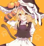  1girl apron arm_warmers bandages black_headwear black_skirt black_vest blonde_hair bow breasts closed_mouth commentary_request fingernails frilled_hat frills happy hat hat_bow highres kirisame_marisa long_hair nail_polish necono_(nyu6poko) orange_nails puffy_short_sleeves puffy_sleeves pumpkin shirt short_sleeves skirt small_breasts smile solo tongue tongue_out touhou turtleneck upper_body v vest waist_apron white_apron white_bow white_shirt witch_hat yellow_background yellow_eyes 