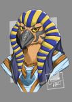  absurd_res anthro avian beak bird clothed clothing cosisim_art deity digital_drawing_(artwork) digital_media_(artwork) egyptian egyptian_clothing egyptian_god egyptian_headdress egyptian_mythology facial_tattoo falcon falconid feathers headgear headwear hi_res looking_at_viewer male middle_eastern_mythology mouth_closed mythology portrait ra simple_background solo tattoo yellow_eyes 