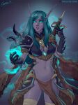  1girl bandages blood_elf_(warcraft) colored_skin death_knight_(warcraft) elf glowing glowing_eyes long_eyebrows long_hair long_pointy_ears looking_at_viewer pointy_ears shoulder_spikes sienna_artwork spiked_armor spikes undead warcraft world_of_warcraft 