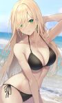  1girl arm_up bare_arms bare_shoulders beach bikini black_bikini blonde_hair breasts cleavage collarbone cowboy_shot day earrings green_eyes hair_over_one_eye halterneck highres isegawa_yasutaka jewelry kotona_matome long_hair looking_at_viewer medium_breasts ocean original outdoors parted_lips side-tie_bikini_bottom solo standing stomach strap_gap string_bikini swimsuit 