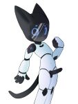  3:4 android anthro bellabot black_head black_penis carrefour domestic_cat erection felid feline felis genitals hi_res kerfus kote-0 looking_at_viewer machine male mammal multicolored_body penis pudu_robotics raised_hand robot screen screen_face simple_background solo standing white_body 