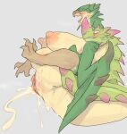  areola blush bodily_fluids breasts capcom cum dragon duo erect_nipples female genital_fluids green_body hi_res leaking_cum male male/female monster_hunter nipples open_mouth saliva simple_background solterv video_games wyvern yellow_eyes 