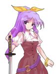  belt breasts buttons hair_ribbon katana lowres non-web_source ponytail purple_eyes purple_hair ribbon sword watatsuki_no_yorihime weapon 