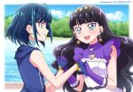  2022 2girls :d black_hair blue_eyes blue_gloves blue_hair blue_sky blush cloud collared_shirt dated day delicious_party_precure diadem dress earrings eye_contact fuwa_kokone gloves green_eyes hanzou heart_pendant highres holding_hands hood hood_down hooded_jacket interlocked_fingers jacket jewelry kasai_amane long_hair looking_at_another medium_hair multiple_girls open_mouth outdoors pinafore_dress precure purple_gloves purple_shirt shiny shiny_hair shirt sky sleeveless sleeveless_jacket sleeveless_shirt smile sparkle twitter_username upper_body very_long_hair white_dress wing_collar 