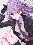  1girl bangs black_gloves black_jacket black_ribbon black_skirt buttons collared_shirt commentary_request danganronpa:_trigger_happy_havoc danganronpa_(series) floating_hair gloves grey_background hair_between_eyes hair_ribbon highres jacket kirigiri_kyouko long_hair long_sleeves looking_at_viewer necktie open_clothes open_jacket parted_lips purple_eyes purple_hair red_necktie ribbon ru-pe_(gstm_0915) shirt simple_background sitting skirt solo white_shirt 