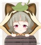  1girl animal_ears animal_hood bangs barrel closed_mouth commentary_request fake_animal_ears genshin_impact grey_background grey_hair hands_up hood hood_up in_container leaf leaf_on_head looking_at_viewer mitya peeking_out purple_eyes raccoon_ears sayu_(genshin_impact) smile solo twitter_username two-tone_background white_background 