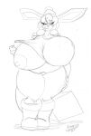  2021 adamios anthro ashley_(sandslash) big_breasts boots breasts clothing eeveelution female flashing footwear generation_4_pokemon glaceon hi_res huge_breasts looking_at_viewer monochrome nintendo nipples overweight overweight_female pokemon pokemon_(species) sketch solo thick_thighs video_games 