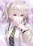  1girl ai_(re:lief) bangs breast_pocket cardigan cherry_blossoms closed_mouth collared_shirt floating_hair grey_eyes hair_between_eyes long_hair long_sleeves mizunashi_hayate necktie open_cardigan open_clothes pocket re:lief_~shin&#039;ai_naru_anata_e~ school_uniform shiny shiny_hair shirt side_ponytail smile solo spring_(season) striped_necktie upper_body v white_cardigan white_hair white_shirt wing_collar 