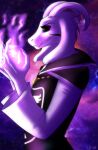 2016 anthro asriel_dreemurr_(god_form) boss_monster bovid caprine captainjohnson-b clothing colored_fire cosmic_background emblem fire fur goat hi_res male mammal purple_fire solo space space_background teeth topwear undertale undertale_(series) video_games white_body white_fur 