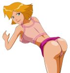  1girl ass blonde_hair blue_eyes breasts clover_(totally_spies) covered_nipples lipstick makeup nail nipple_slip nipples non-web_source panties pink_panties small_breasts smile underwear 