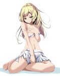  1girl bangs bare_arms bare_legs barefoot between_legs blonde_hair bra bra_pull braid clenched_teeth clothes_pull collarbone covering covering_one_breast floating_hair full_body green_eyes hand_between_legs highres lillie_(pokemon) long_hair looking_away navel nipples pleated_skirt pokemon pokemon_(game) pokemon_sm shiny shiny_hair shiny_skin simple_background sitting skirt solo sweatdrop teeth torn_clothes torn_skirt tsukishiro_saika underwear white_background white_bra white_skirt 