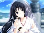  1girl bangs black_eyes black_hair blue_sky blurry blurry_background collarbone day detached_sleeves floating_hair food game_cg hair_intakes hair_ribbon head_tilt holding holding_food japanese_clothes kawagishi_keitarou kimono long_hair long_sleeves looking_at_viewer maji_de_watashi_ni_koi_shinasai! minamoto_yoshitsune_(maji_de_watashi_ni_koi_shinasai!) outdoors ponytail ribbon ribbon-trimmed_sleeves ribbon_trim shiny shiny_hair sky sleeveless sleeveless_kimono smile solo upper_body veil very_long_hair white_kimono white_ribbon white_sleeves 