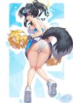  1girl animal_ears arm_tattoo ass bare_legs black_hair blue_archive blue_eyes bracelet breasts dog_ears dog_tail from_behind full_body goggles goggles_on_head gonster halo hibiki_(blue_archive) hibiki_(cheerleader)_(blue_archive) highres holding holding_pom_poms jewelry large_breasts looking_back open_mouth panties pom_pom_(cheerleading) ponytail shoes sidelocks solo star_tattoo tail tattoo underwear white_footwear white_panties 