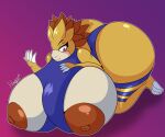  anthro big_breasts big_butt breasts brown_nipples butt claws clothing colored female generation_1_pokemon gradient_background hexami huge_breasts huge_butt kneeling nintendo nipples pokemon pokemon_(species) sandpancake sandslash simple_background solo video_games wardrobe_malfunction 