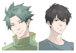  2boys bangs black_eyes black_hair blue_shirt closed_mouth commentary_request etra-chan_wa_mita! green_eyes green_hair green_jacket jacket kuroki_(etra-chan_wa_mita!) looking_at_viewer madder_song male_focus multiple_boys portrait shirt short_hair simple_background smile spiked_hair tokusa_(etra-chan_wa_mita!) white_background 