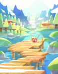  day dock fishing fishing_rod hat highres hill holding holding_fishing_rod house kirby kirby_(series) lake moss mountain nantan_chu_0 no_humans outdoors sleeping stone water waterfall 