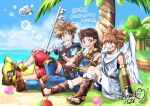  3boys absurdres against_tree angel_wings apple banana beach blue_eyes blue_sky brown_hair commentary commission food fruit grass highres keyblade kid_icarus kid_icarus_uprising kingdom_hearts kingdom_hearts_i kingdom_key laurel_crown lens_flare looking_at_another master_hand multiple_boys palm_tree peach pear pit_(kid_icarus) popsicle rex_(xenoblade) skeb_commission sky sofusan1526 spiked_hair super_smash_bros. tree wings xenoblade_chronicles_(series) xenoblade_chronicles_2 