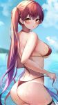  1girl ass back bangs bare_arms bare_shoulders bikini blurry blurry_background blush breasts crossed_bangs day earrings fang gradient_hair hair_ribbon halterneck heart heart_earrings heterochromia highres holding holding_clothes hololive houshou_marine jewelry large_breasts long_hair looking_at_viewer looking_back multicolored_hair ocean outdoors purple_eyes red_bikini red_eyes red_hair ribbon sidelocks skindentation smile solo standing string_bikini sunlight swimsuit tako_8_yaki tan tanlines thigh_strap twintails untied untied_bikini very_long_hair virtual_youtuber wading wet yellow_eyes 