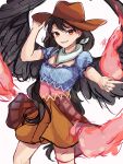  1girl bandana bird_wings black_hair black_wings brown_headwear cowboy_shot grin hand_on_headwear highres kurokoma_saki long_hair looking_at_viewer multicolored_clothes orchid_(orukido) red_eyes simple_background smile solo standing touhou v-shaped_eyebrows white_background white_bandana wings 