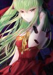  1girl absurdres adjusting_hair bangs bare_arms black_feathers budgiepon c.c. character_request code_geass collarbone cosplay dress feathers floating_hair green_hair hair_between_eyes highres long_hair parted_lips red_dress solo strapless strapless_dress very_long_hair yellow_eyes 